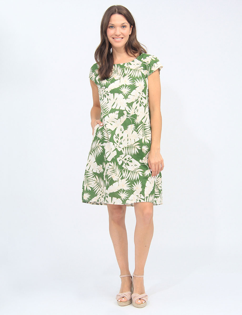 Cap Sleeve Printed Dress With Knit Trim at the Waist And Pockets By Froccella