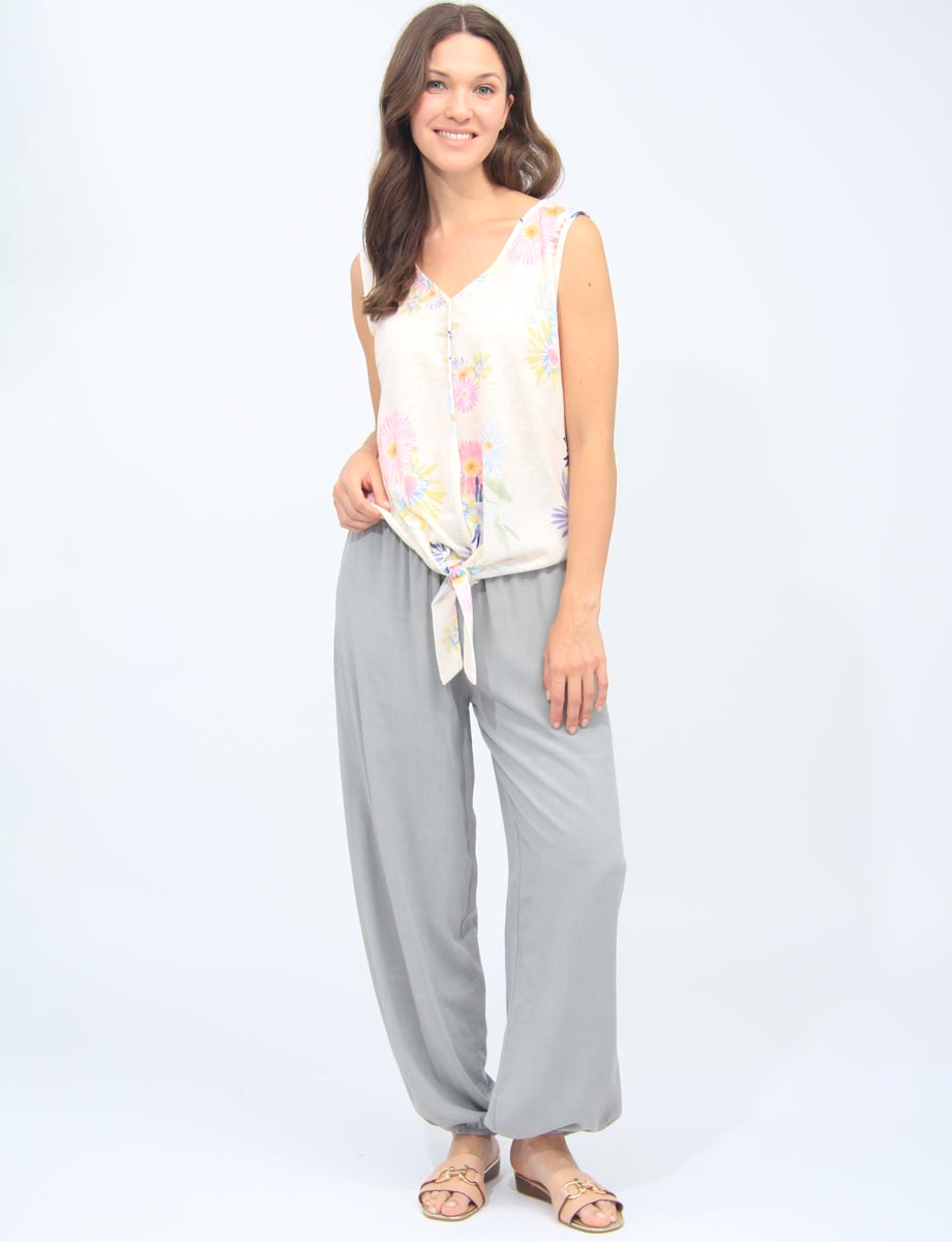 Solid Flowy Ruched Waist Band And Elastic Hem Balloon Pants By Froccella