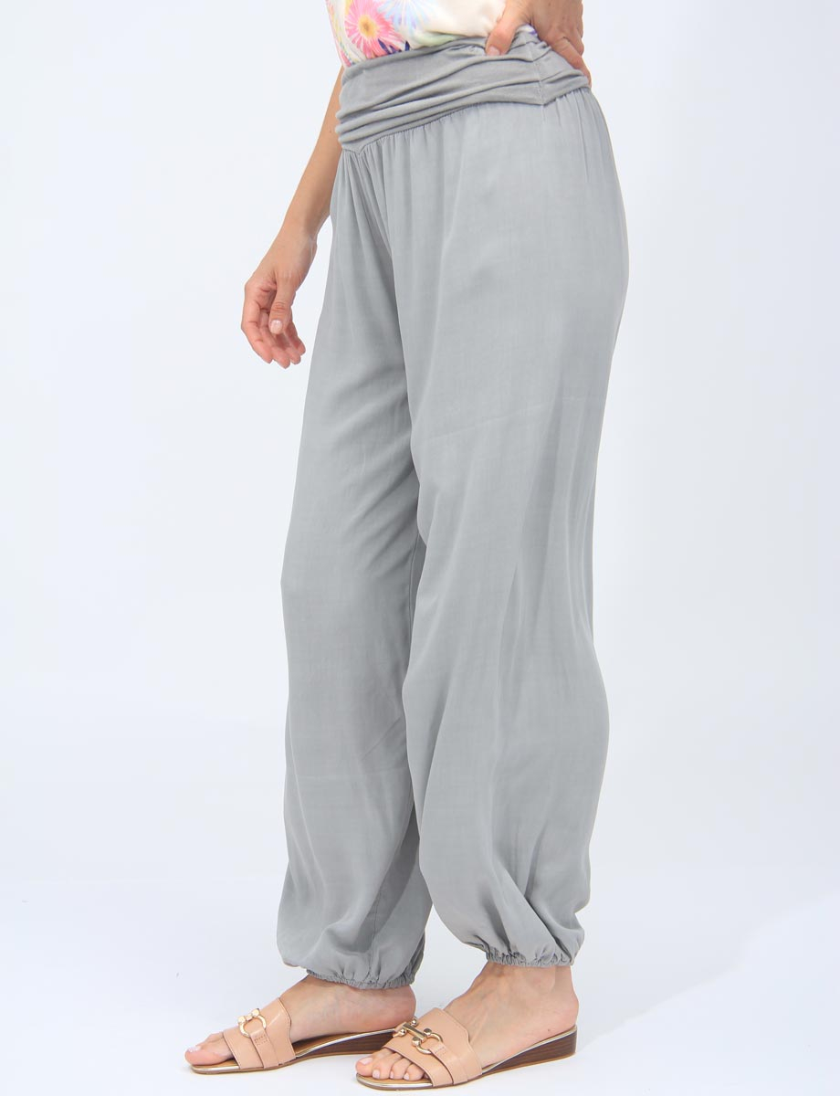 Solid Flowy Ruched Waist Band And Elastic Hem Balloon Pants By Froccella