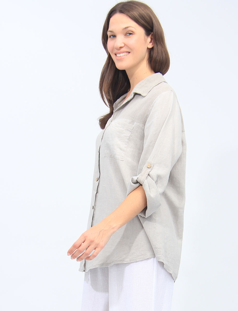 Linen Blend Adjustable 3/4 Sleeves Button-Down Collared Loose Shirt By Froccella