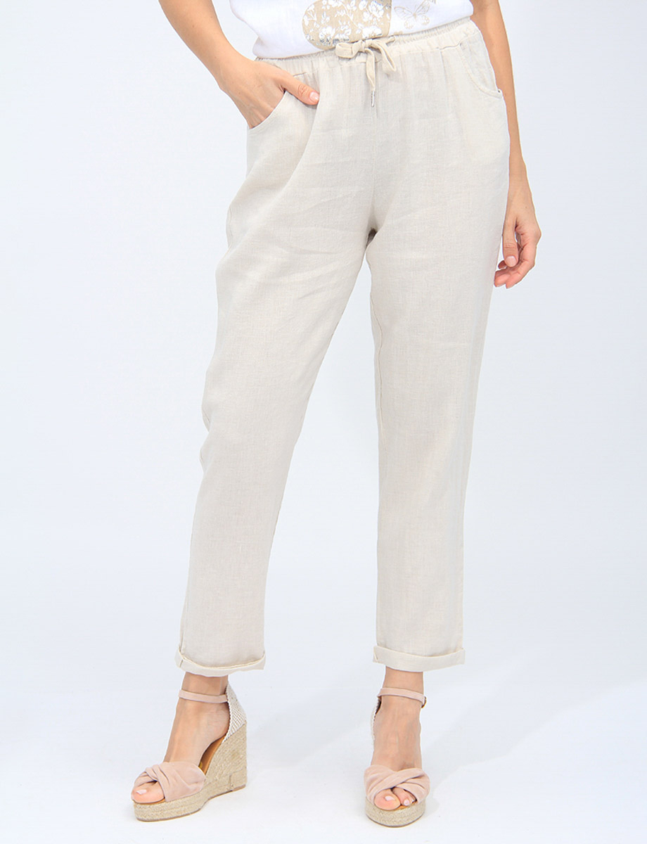 Linen-blend Solid Rolled Cuff Drawstring Waist Pants By Froccella