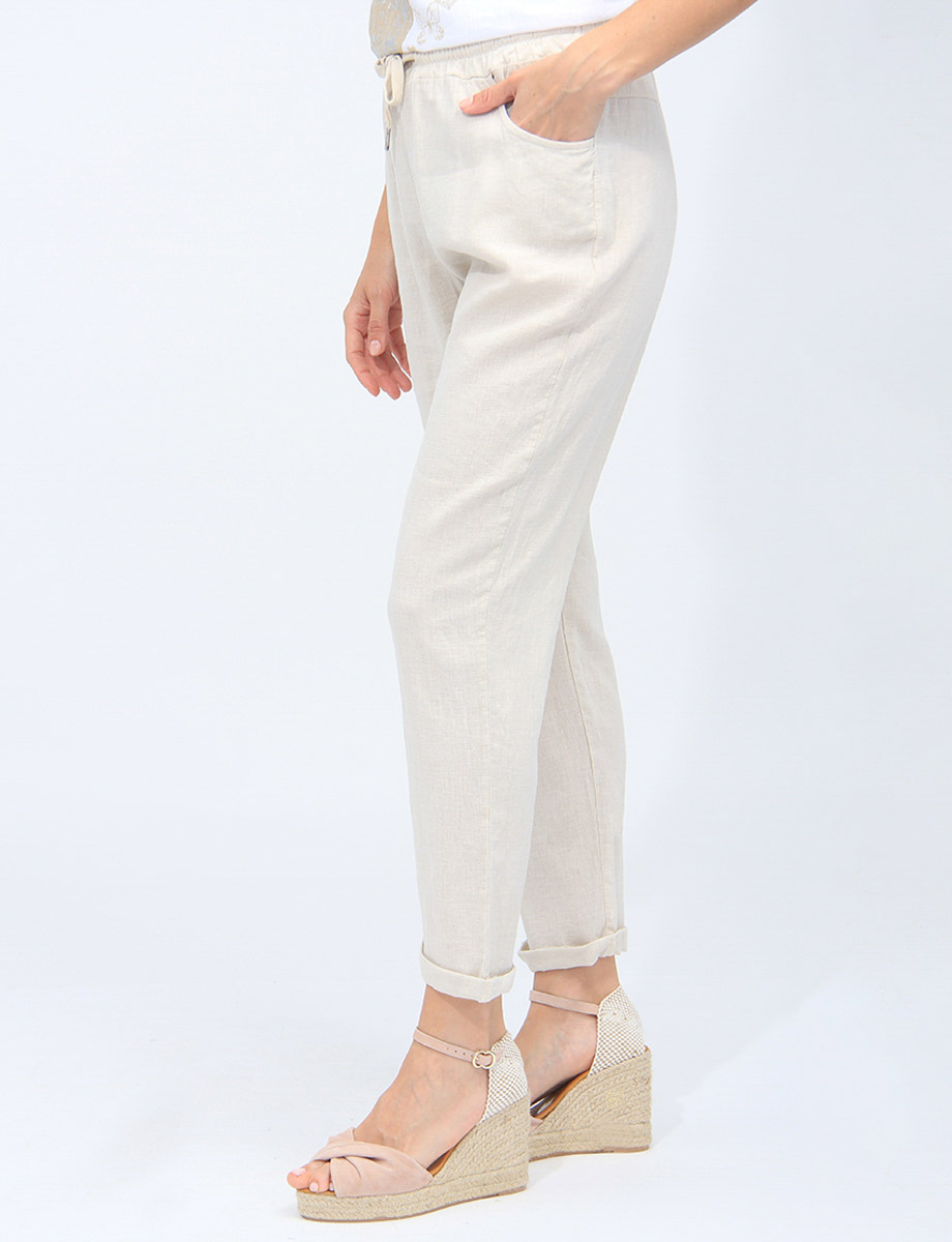 Linen-blend Solid Rolled Cuff Drawstring Waist Pants By Froccella