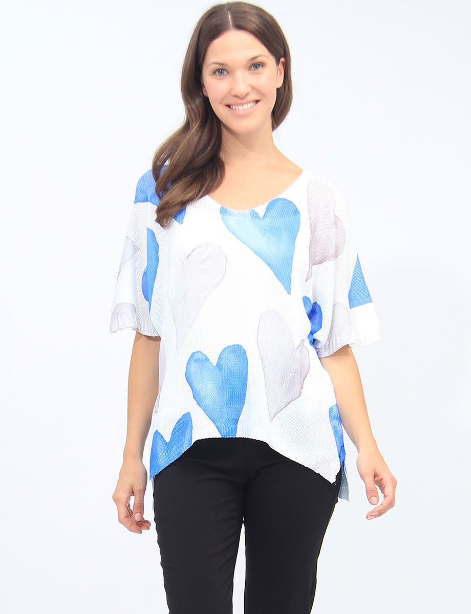 V-Neck Grey And Blue Heart Print Short Dolman Sleeve Knit Top by Froccella