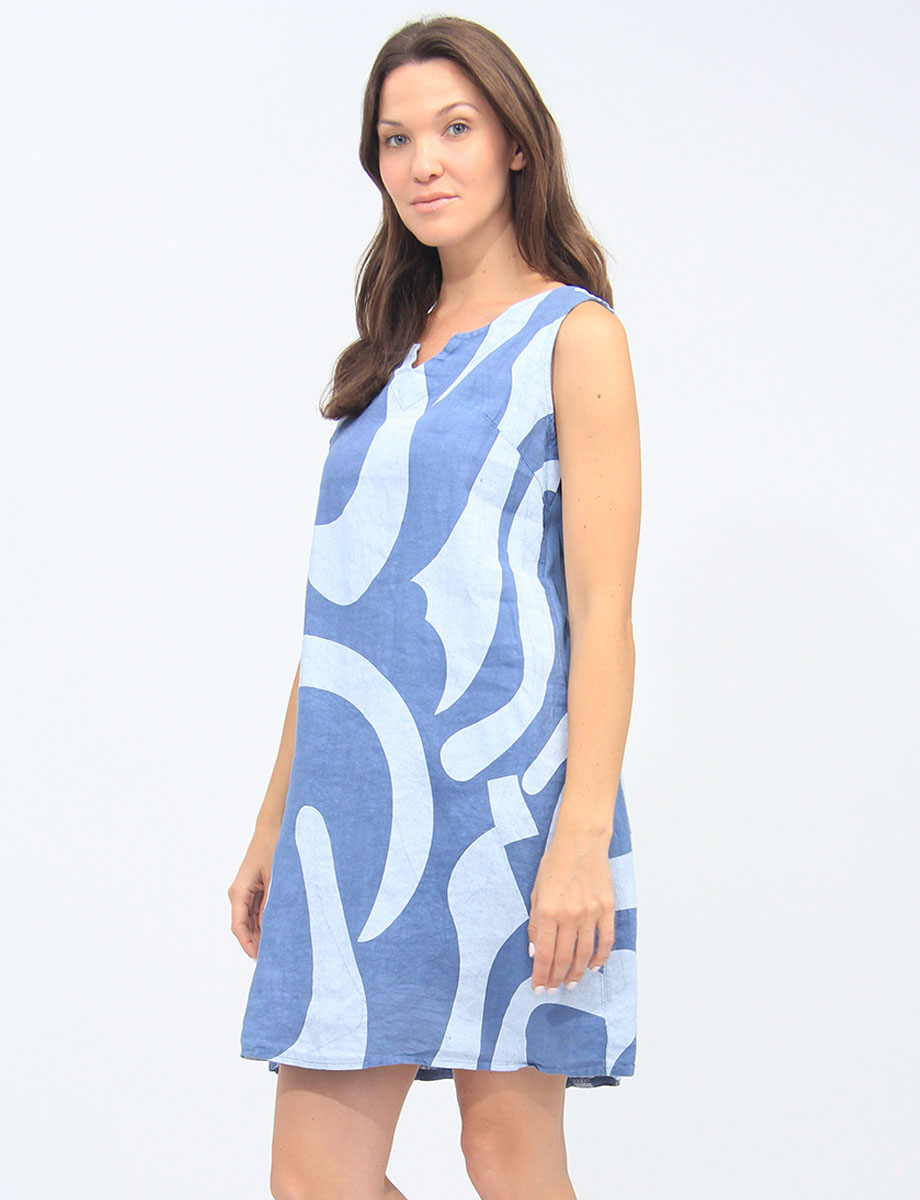 Sleeveless V-Neck Linen Abstract Print Dress By Froccella