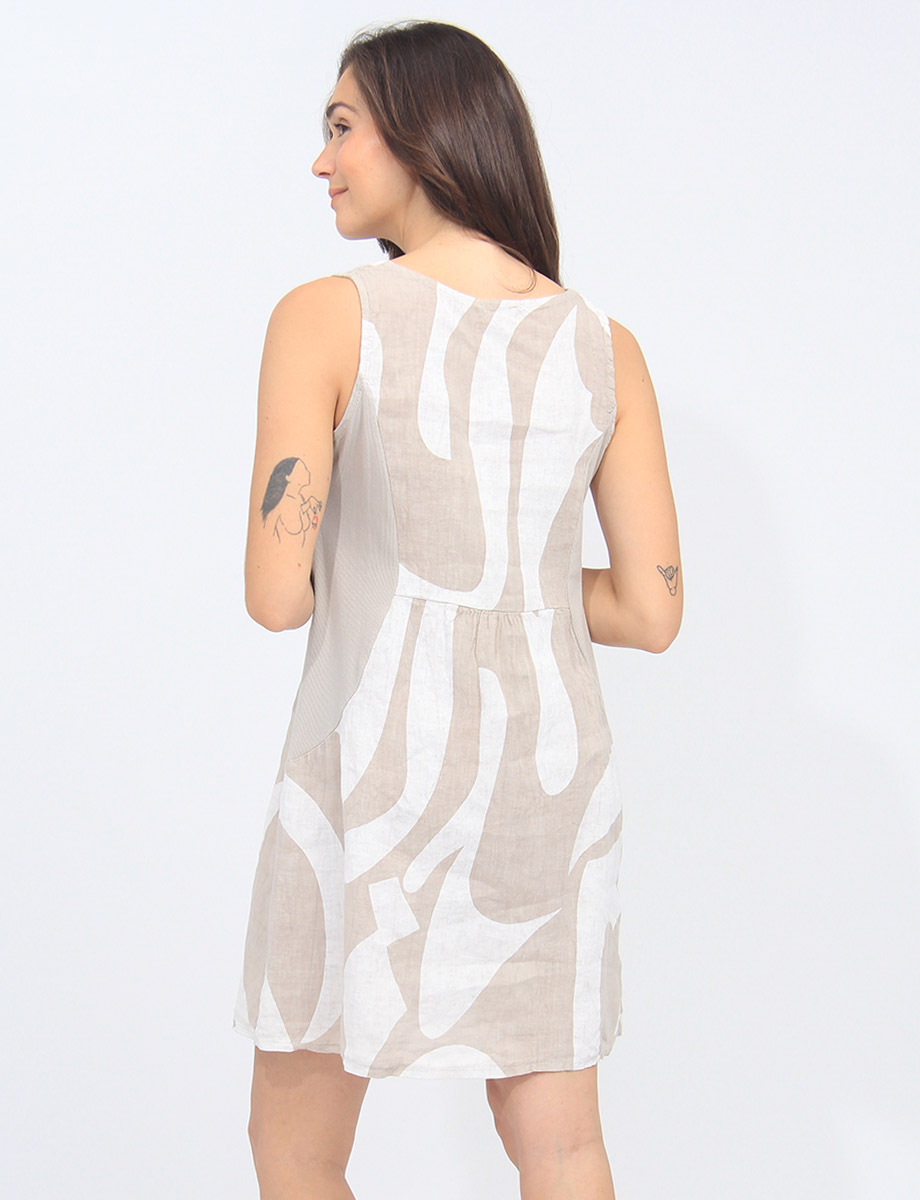 Sleeveless V-Neck Linen Abstract Print Dress By Froccella