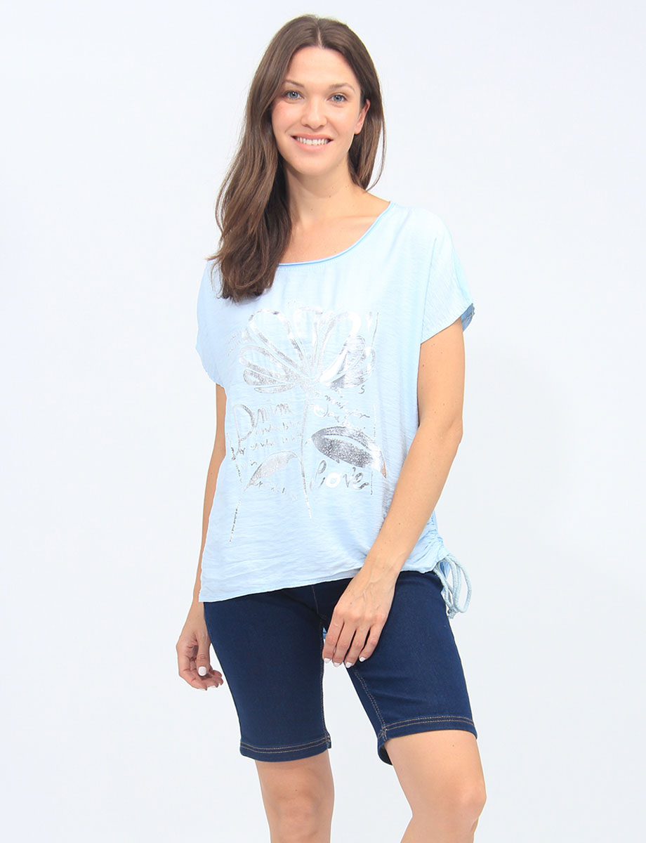 Foil Flower Print Cotton-Blend Drawstring Side Short Sleeve Top by Froccella