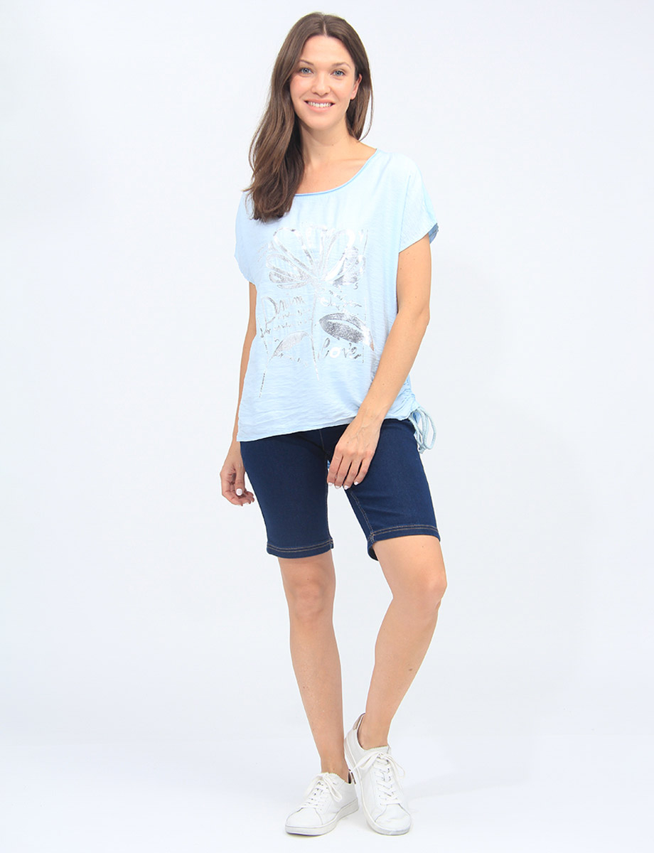 Foil Flower Print Cotton-Blend Drawstring Side Short Sleeve Top by Froccella