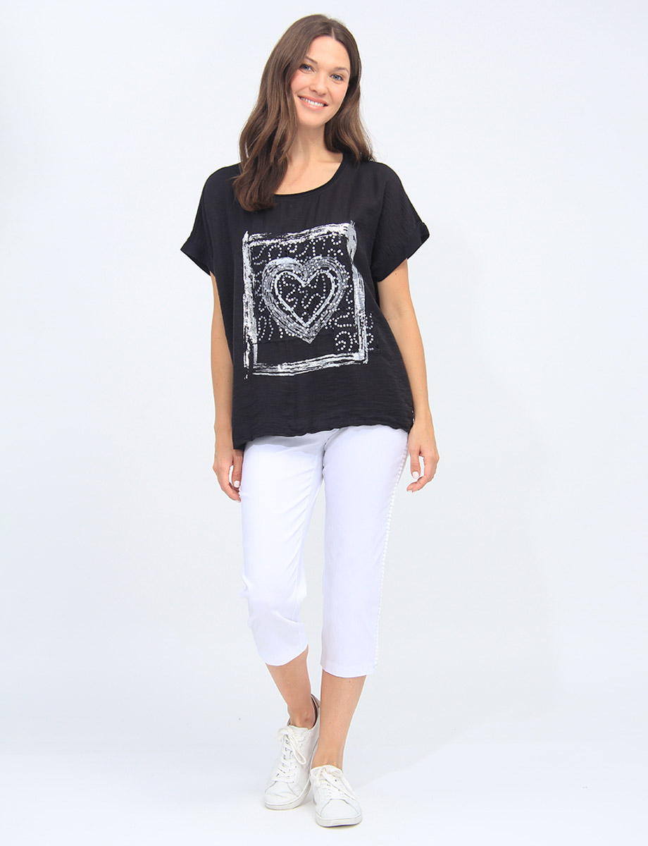 Foil Heart Print Rhinestones Cotton-Blend Short Sleeve Top By Froccella