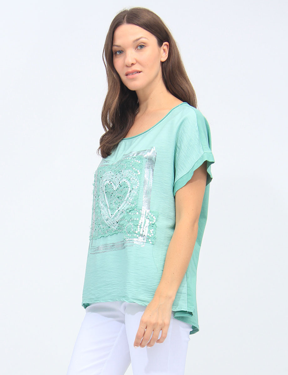 Foil Heart Print Rhinestones Cotton-Blend Short Sleeve Top By Froccella