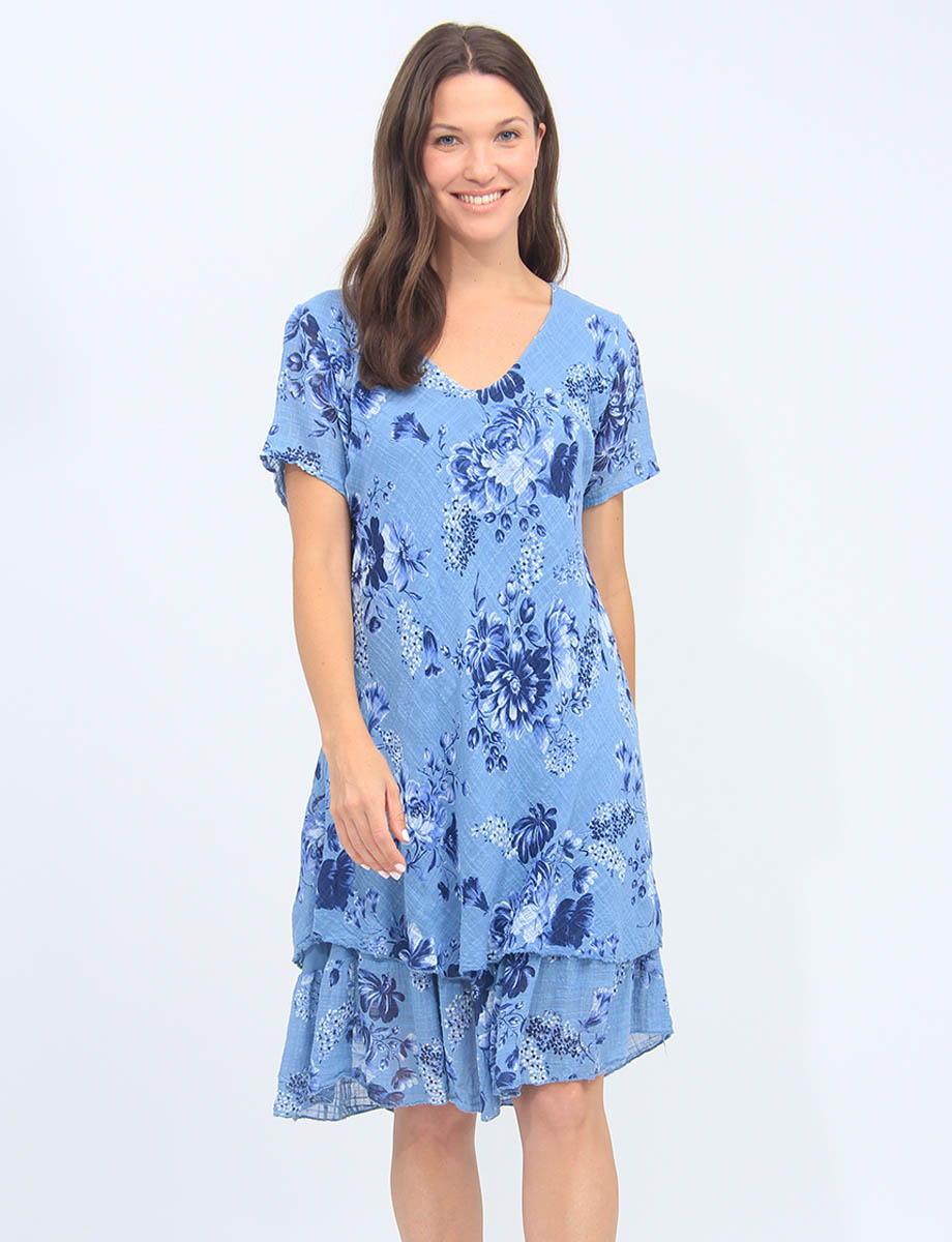 Two Tier Short Sleeve Floral Print V-neck Dress By Froccella