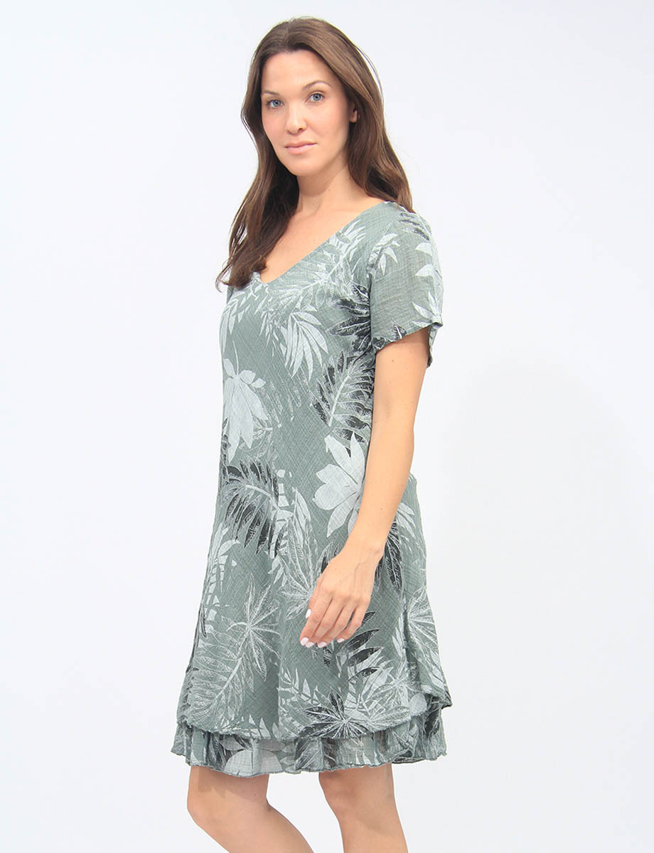 Slim Fit 2-Tiered Hem Palm Tree Printed Short Sleeve Dress By Froccella