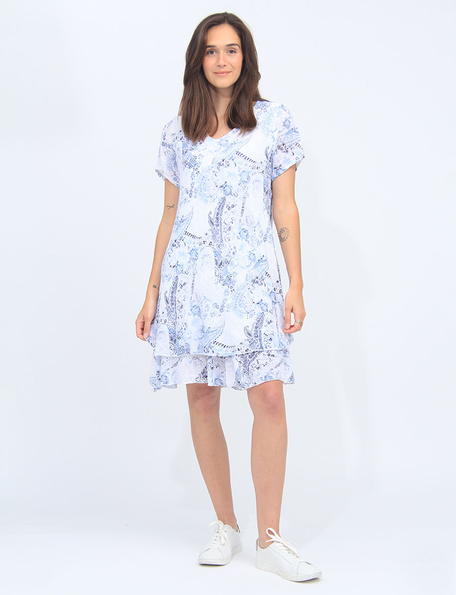 White 2-Tiered Palm Tree Leaf Pattern Short Sleeves Dress By Froccella