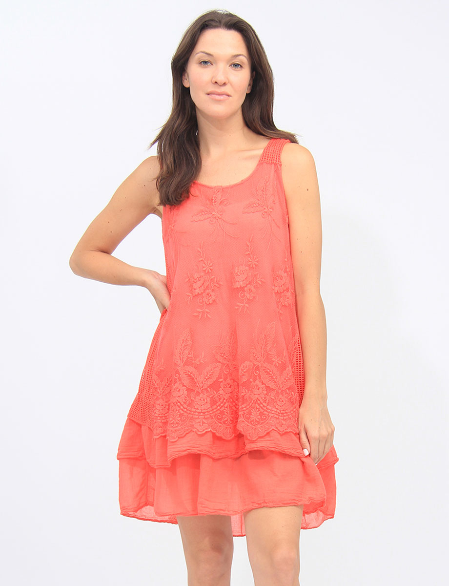 Sleeveless Lace Dress with Two-Tier Mesh Hemline by Froccella