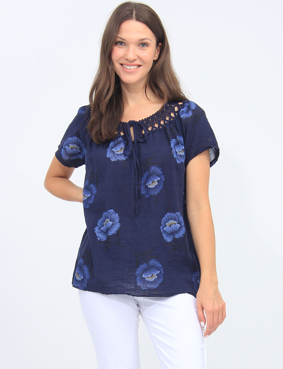 Floral Linen Top With Lace And Tie Collar By Froccella