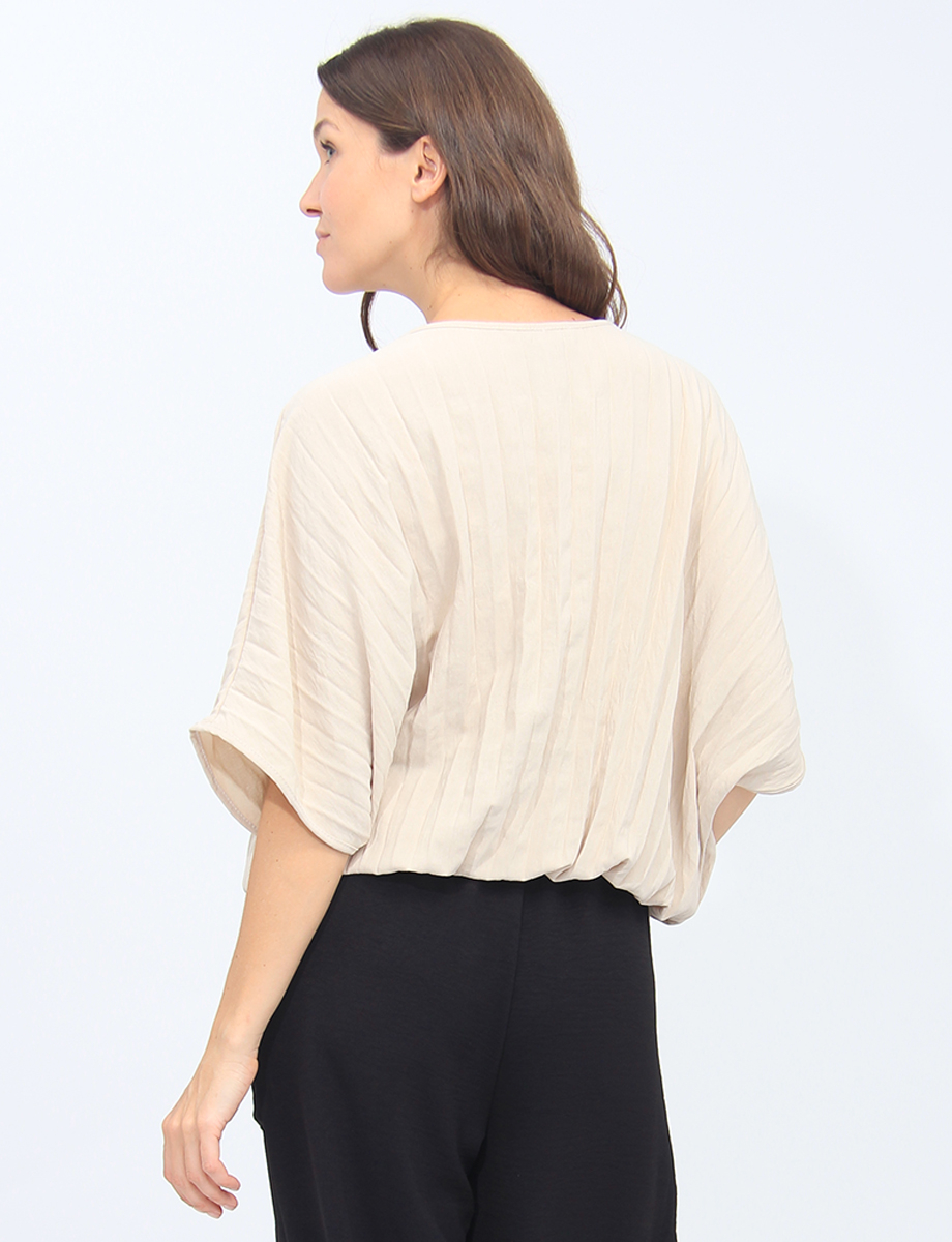 Solid Pleated Short Dolman Sleeve Top With Elastic Hem By Froccella