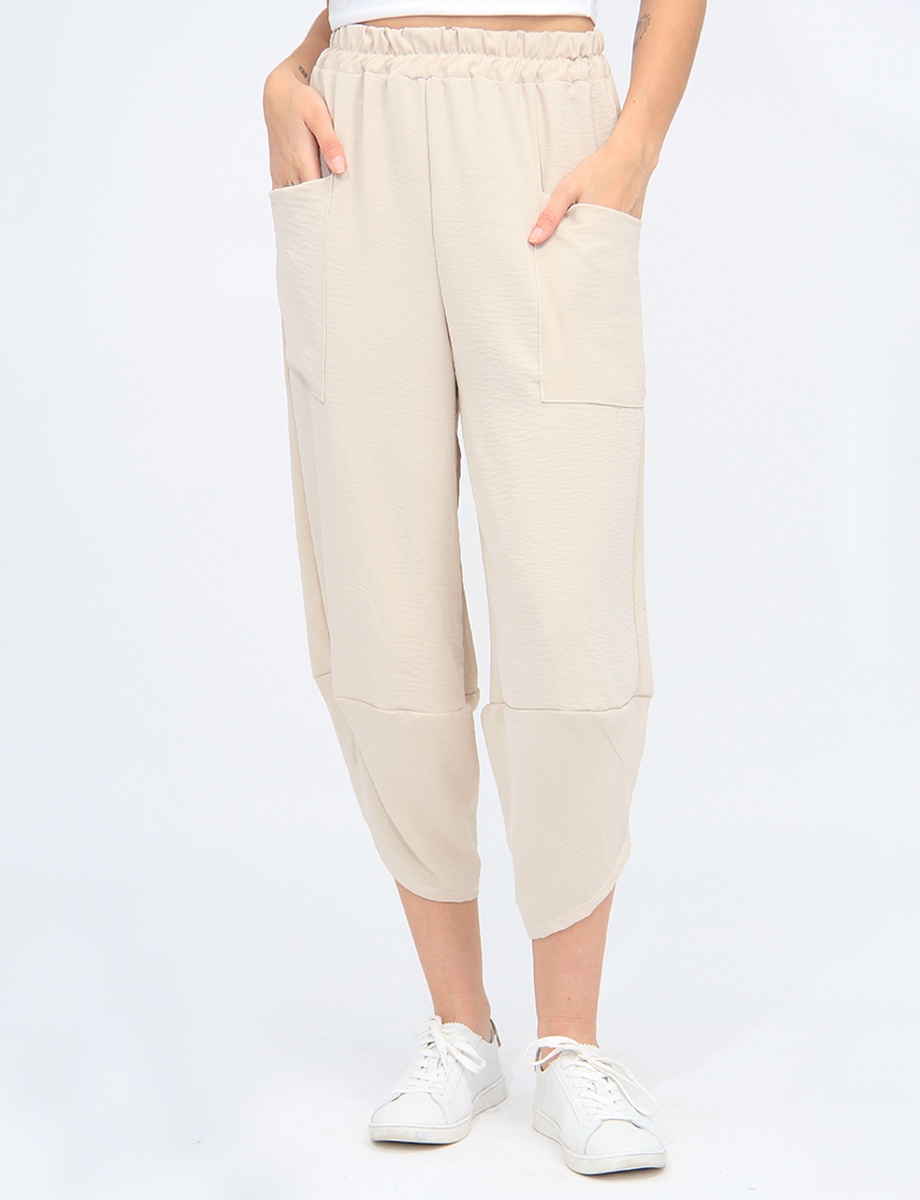 Elastic Waist Asymmetrical Hem Balloon Pant With Patch Pockets By Froccella