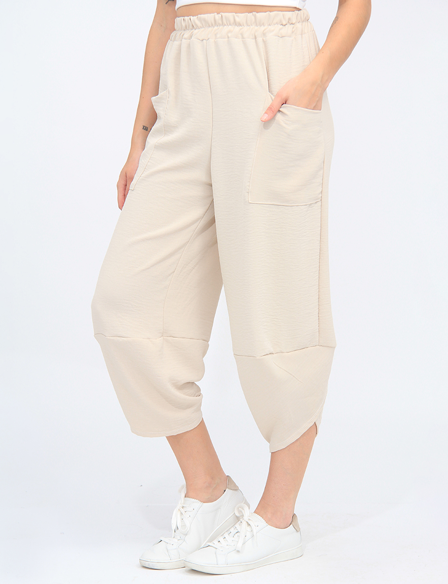 Elastic Waist Asymmetrical Hem Balloon Pant With Patch Pockets By Froccella