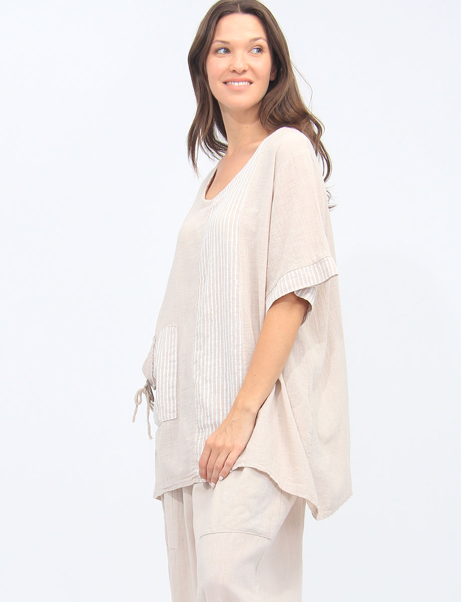 Linen Blend Tunic With Striped Trim And Decorative Button By Froccella