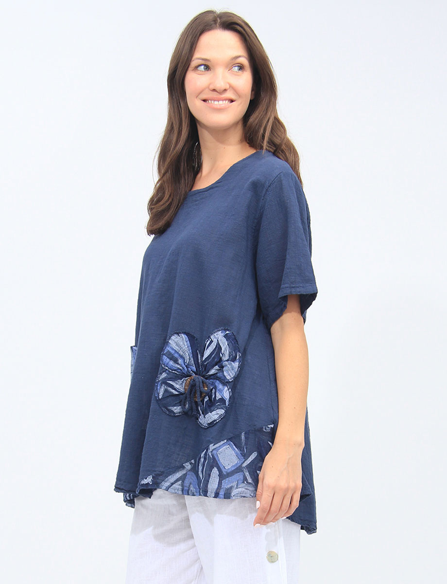 Linen-cotton Printed Floral Accent With Button Short Sleeve Tunic By Froccella