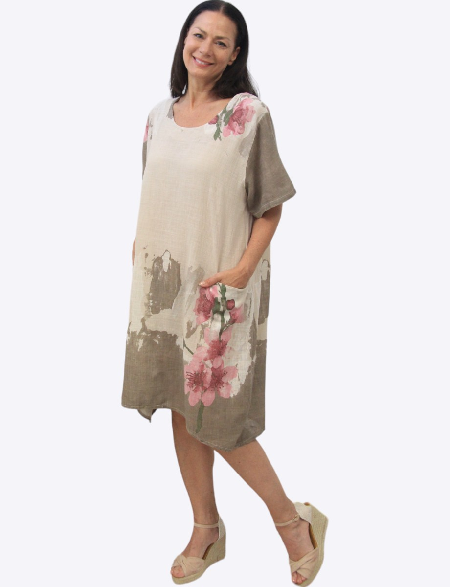 Linen Cotton Blend Floral Short Sleeve Balloon Dress With Pockets By Froccella