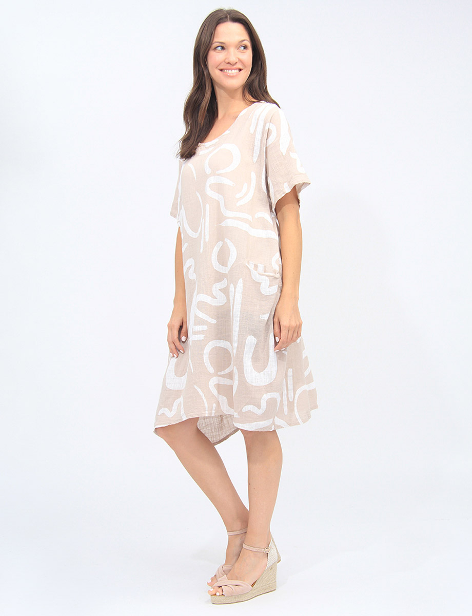 Abstract Print Linen-Cotton Short Sleeve Loose Fit Dress By Froccella