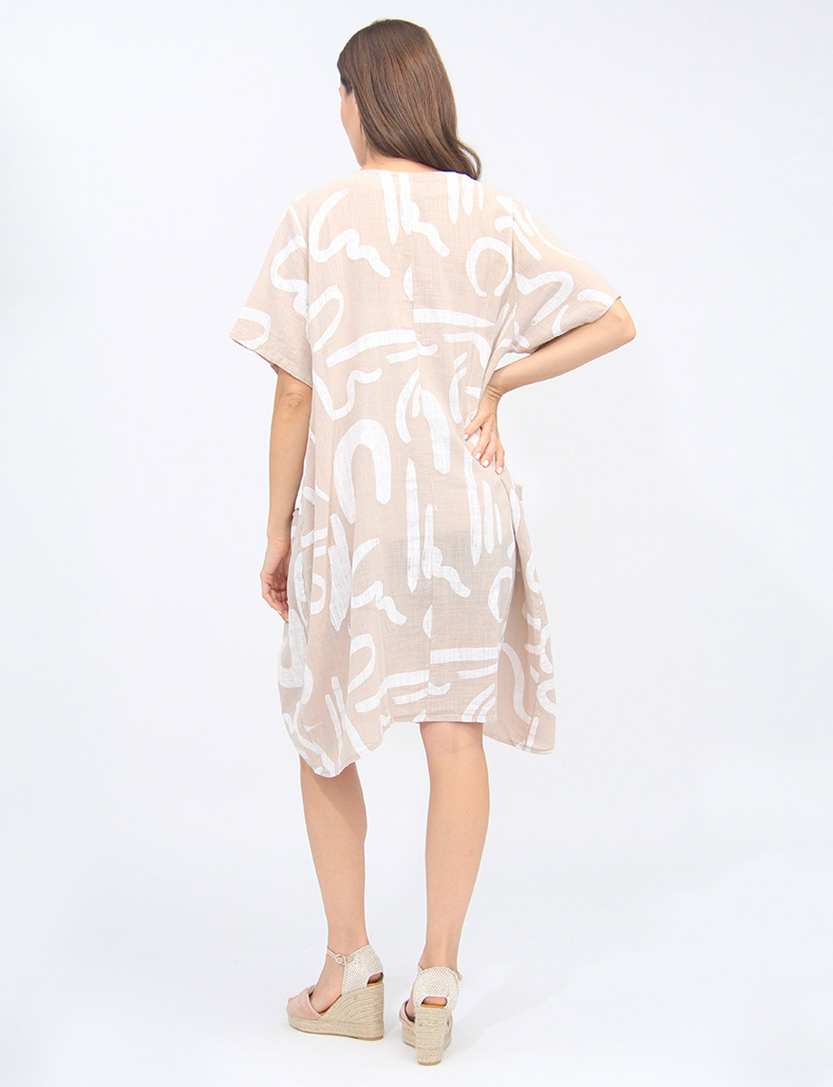 Abstract Print Linen-Cotton Short Sleeve Loose Fit Dress By Froccella