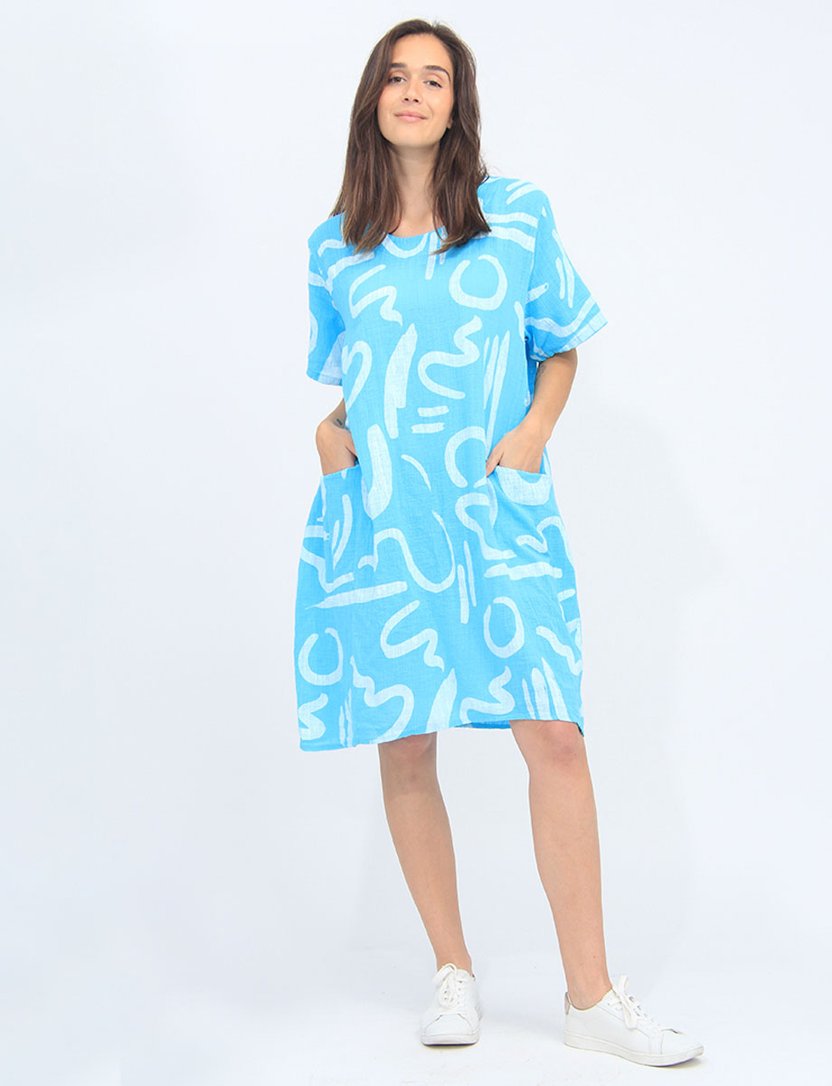 Abstract Print Linen-Cotton Short Sleeve Loose Fit Dress By Froccella