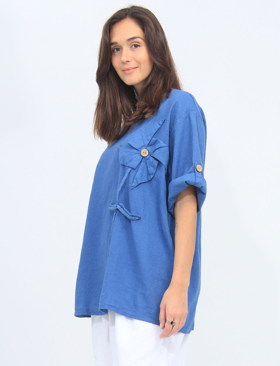 Linen Short Sleeve Flower Appliqué With Button Round Neck Tunic By Froccella