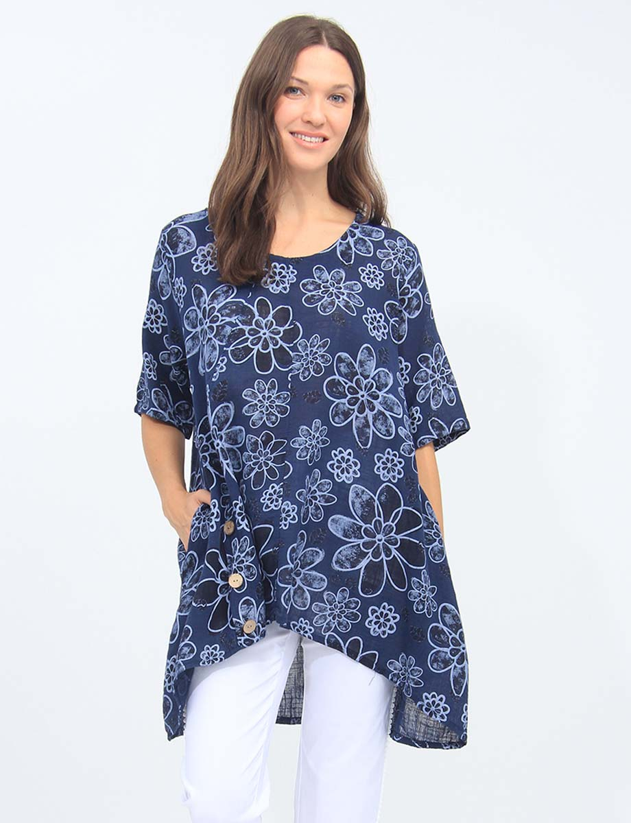 Linen Blend Floral Print Tunic With Front Button Detail And Pockets By Froccella