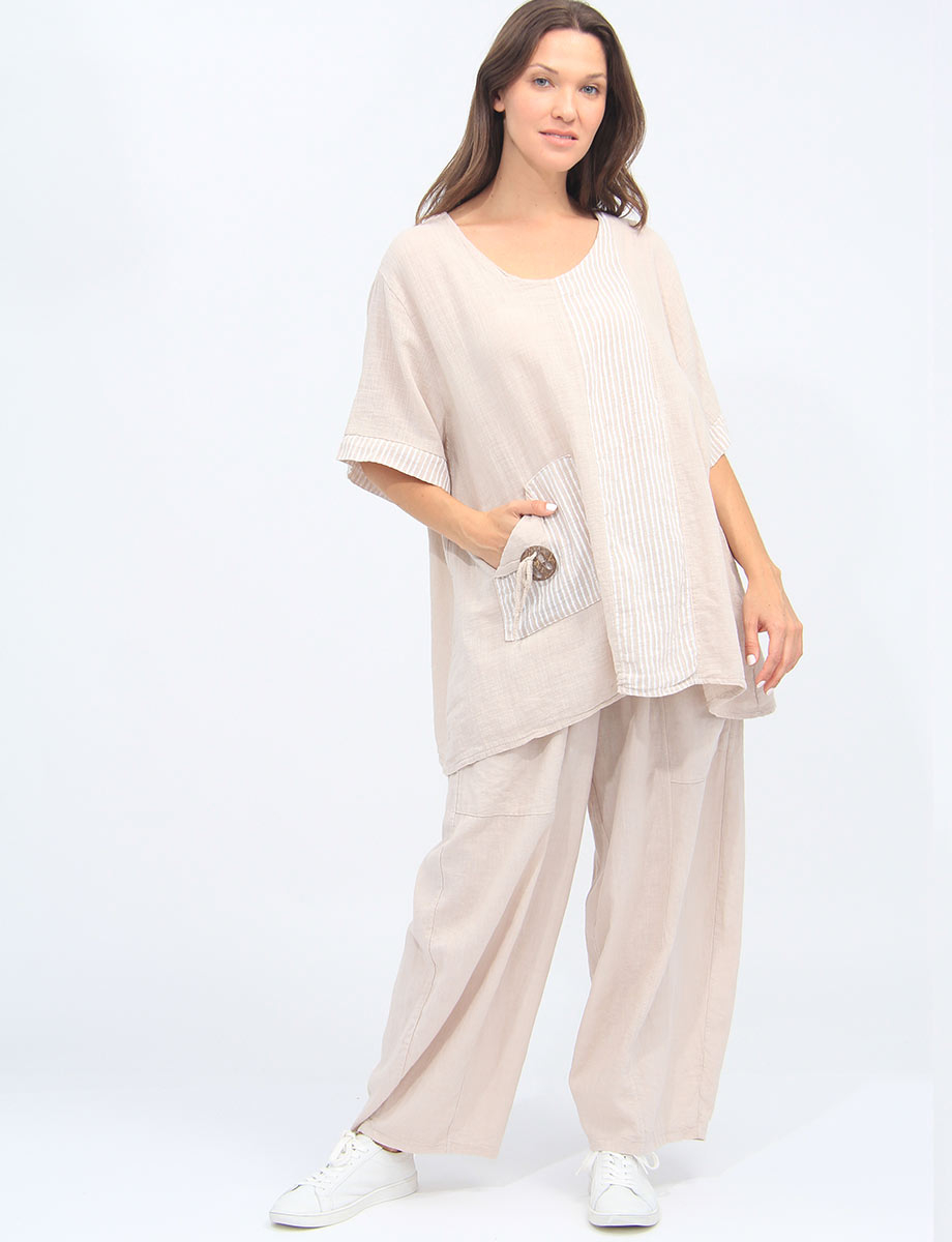 Chic Wide Leg Elastic Waist Button Pocket Linen Pants By Froccella