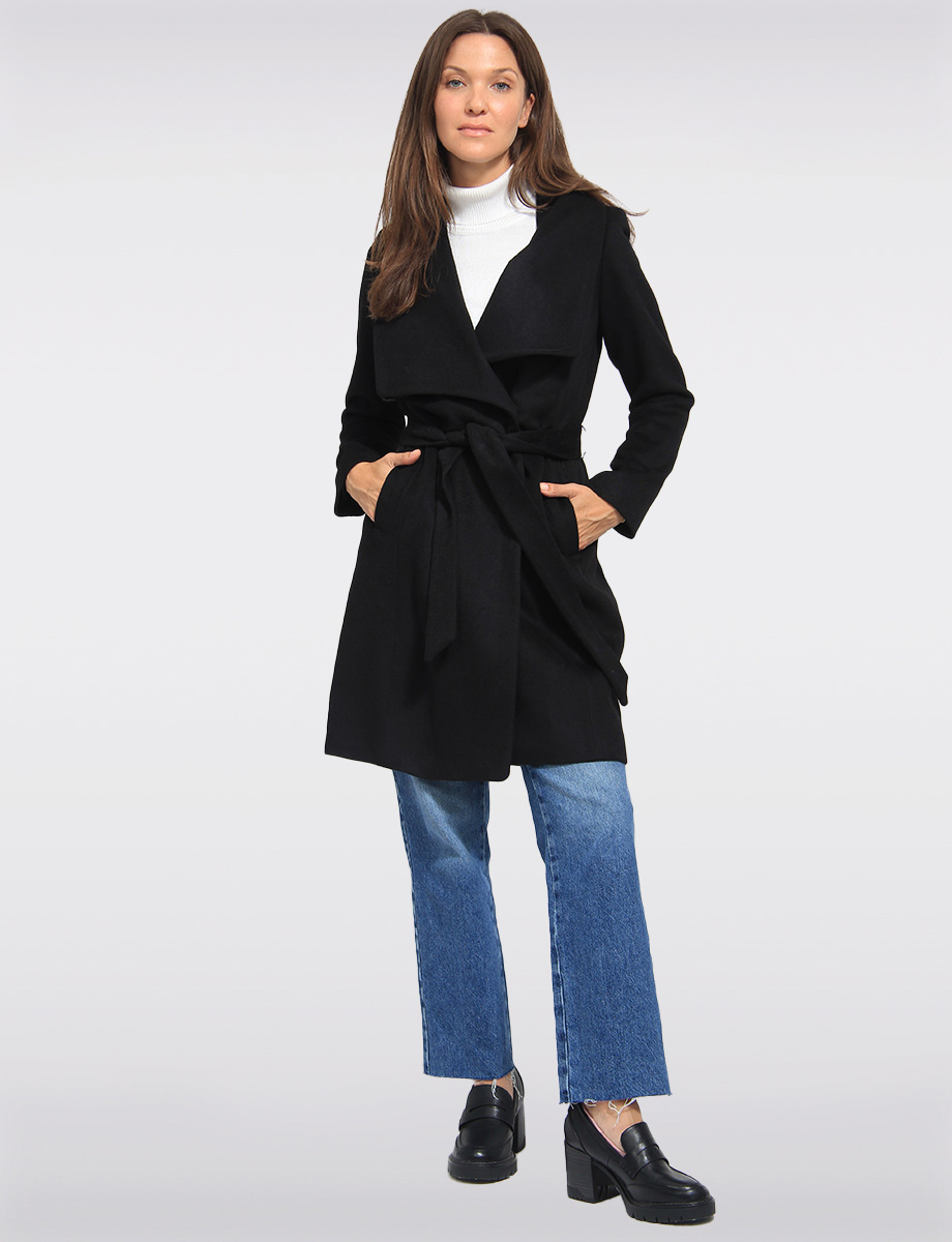 Versatile Lapel Crossover Collar Belted Wool Blend Trench Coat by Cole Haan