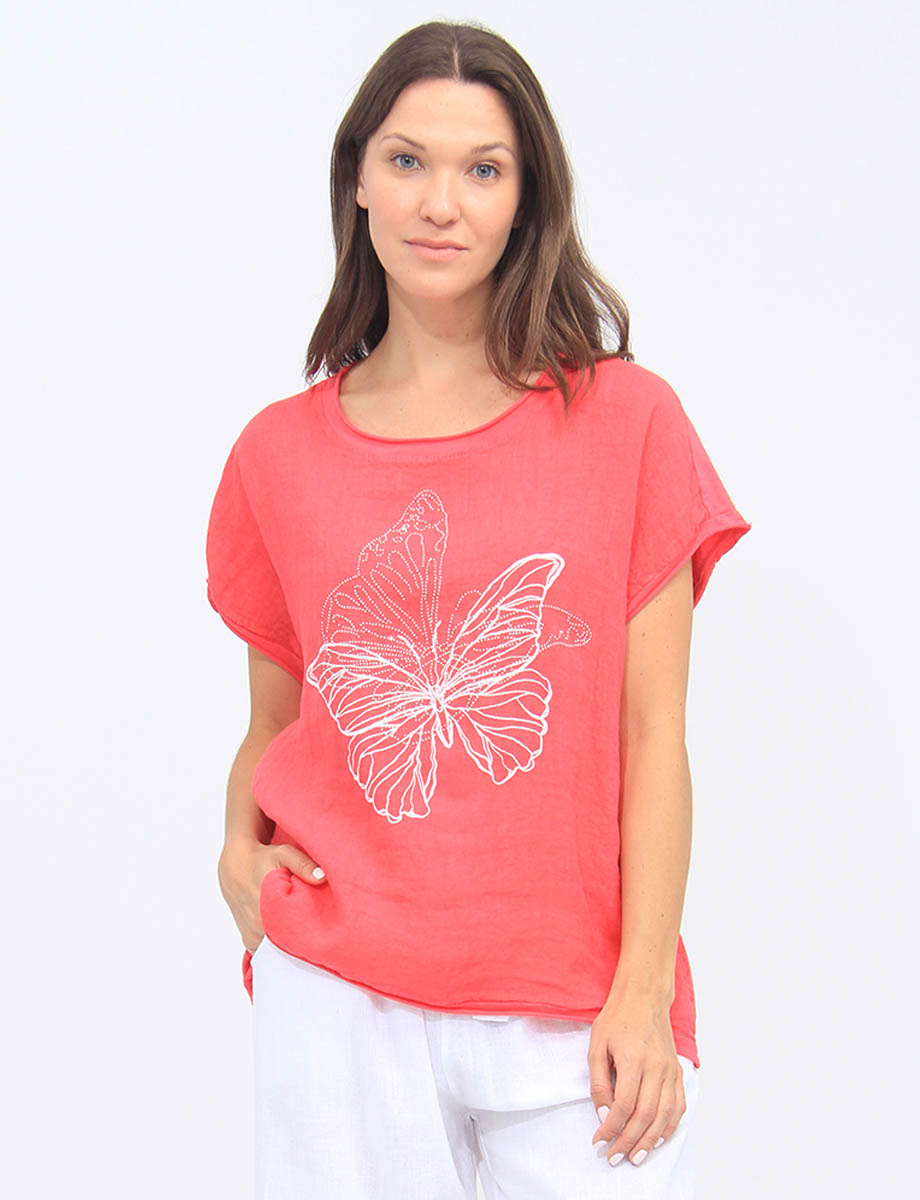 Butterfly Print Rhinestones Linen-cotton Short Sleeve Top By Froccella