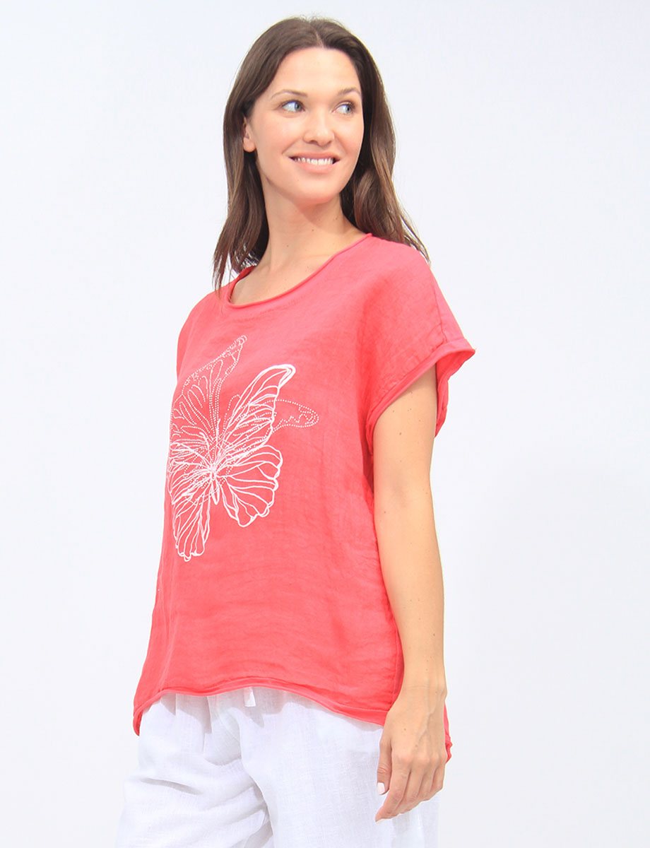 Butterfly Print Rhinestones Linen-cotton Short Sleeve Top By Froccella