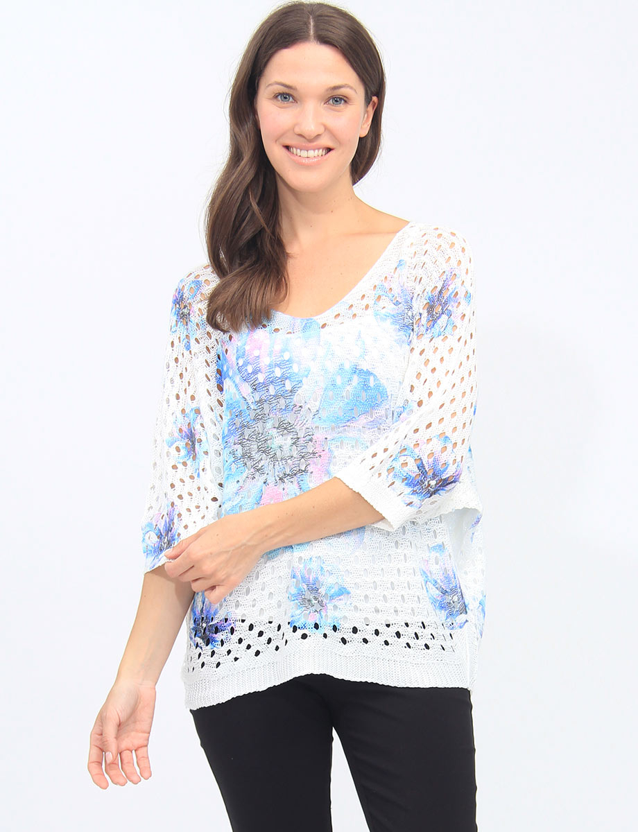 Floral Crochet Scoop Neck Short Dolman Sleeve Top By Froccella