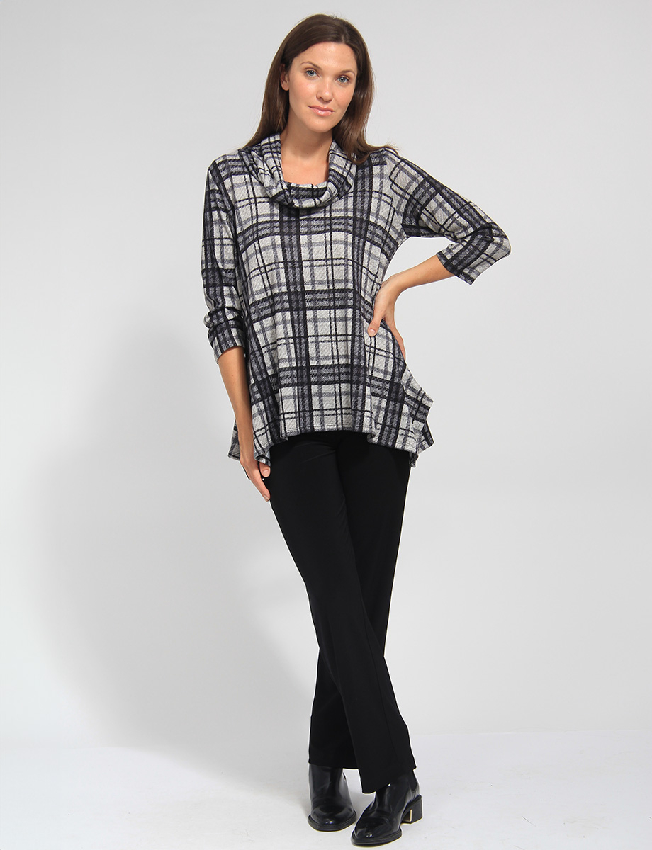 Three-quarter Sleeve Suede Tartan Print Cowl Neckline Tunic by Vamp