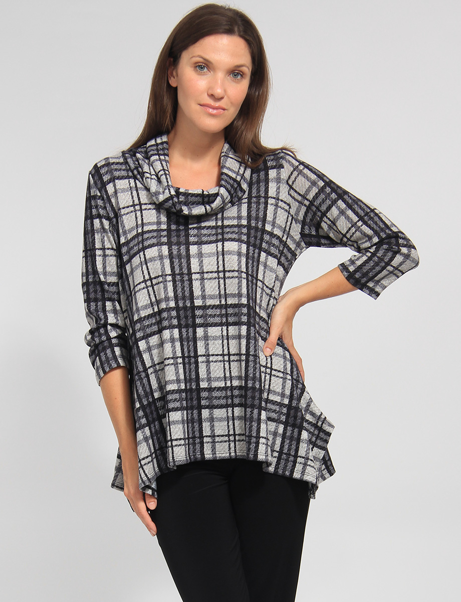 Three-quarter Sleeve Suede Tartan Print Cowl Neckline Tunic by Vamp