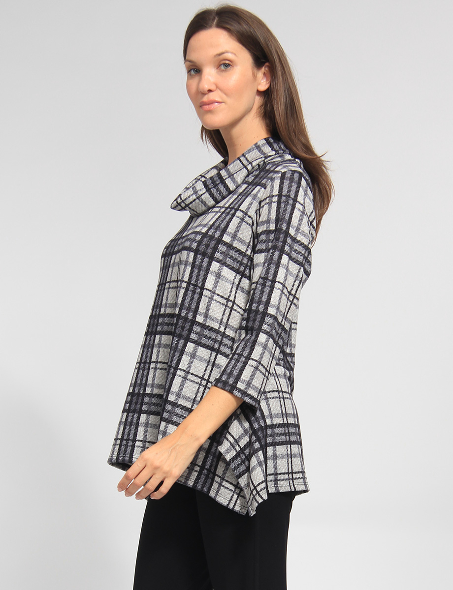 Three-quarter Sleeve Suede Tartan Print Cowl Neckline Tunic by Vamp