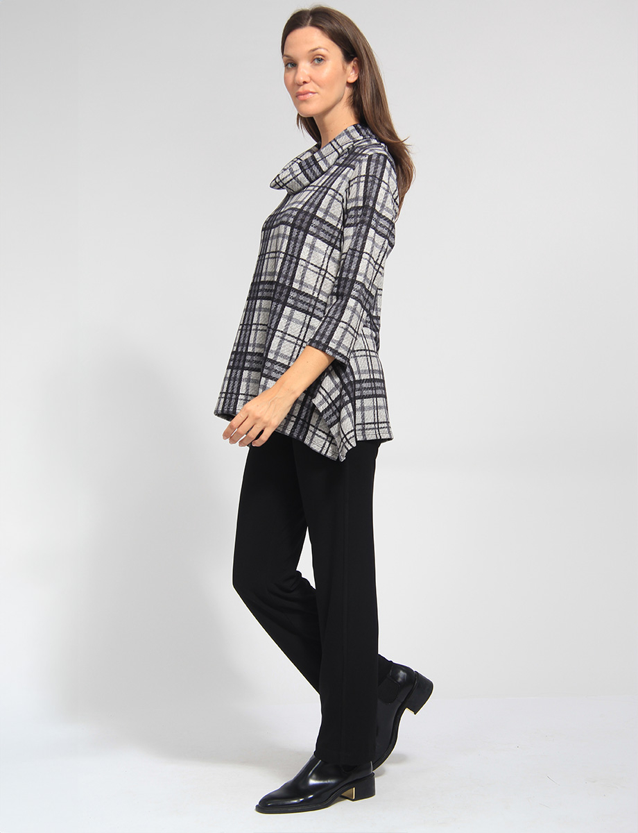 Three-quarter Sleeve Suede Tartan Print Cowl Neckline Tunic by Vamp