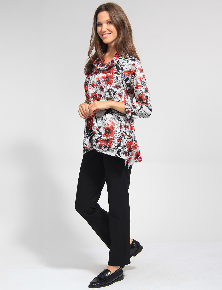 Three-quarter Sleeve Soft Floral Pattern Cowl Neckline Tunic by Vamp