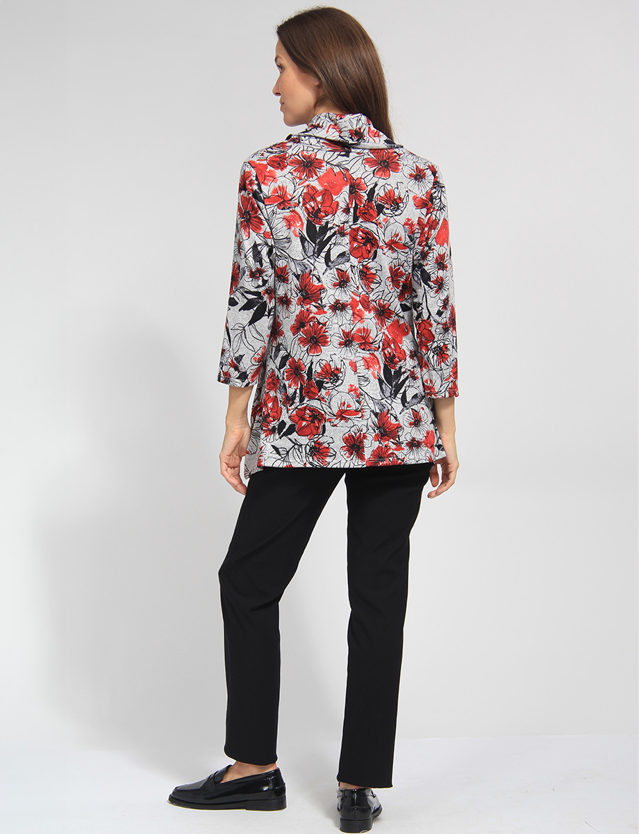 Three-quarter Sleeve Soft Floral Pattern Cowl Neckline Tunic by Vamp