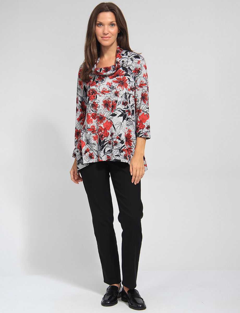 Three-quarter Sleeve Soft Floral Pattern Cowl Neckline Tunic by Vamp