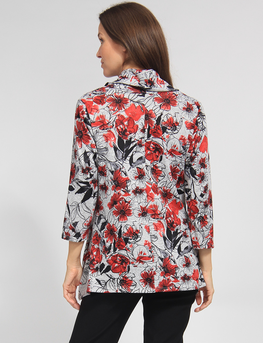 Three-quarter Sleeve Soft Floral Pattern Cowl Neckline Tunic by Vamp