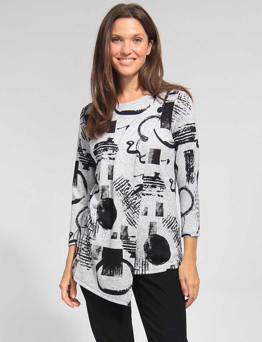 Three-quarter Sleeve Contemporary Asymmetrical Abstract Printed Top by Vamp