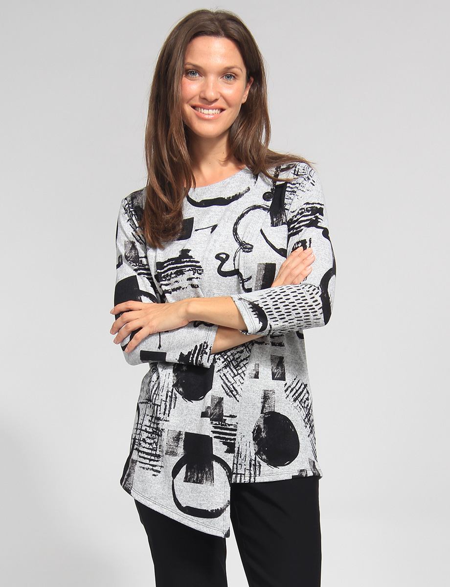 Three-quarter Sleeve Contemporary Asymmetrical Abstract Printed Top by Vamp