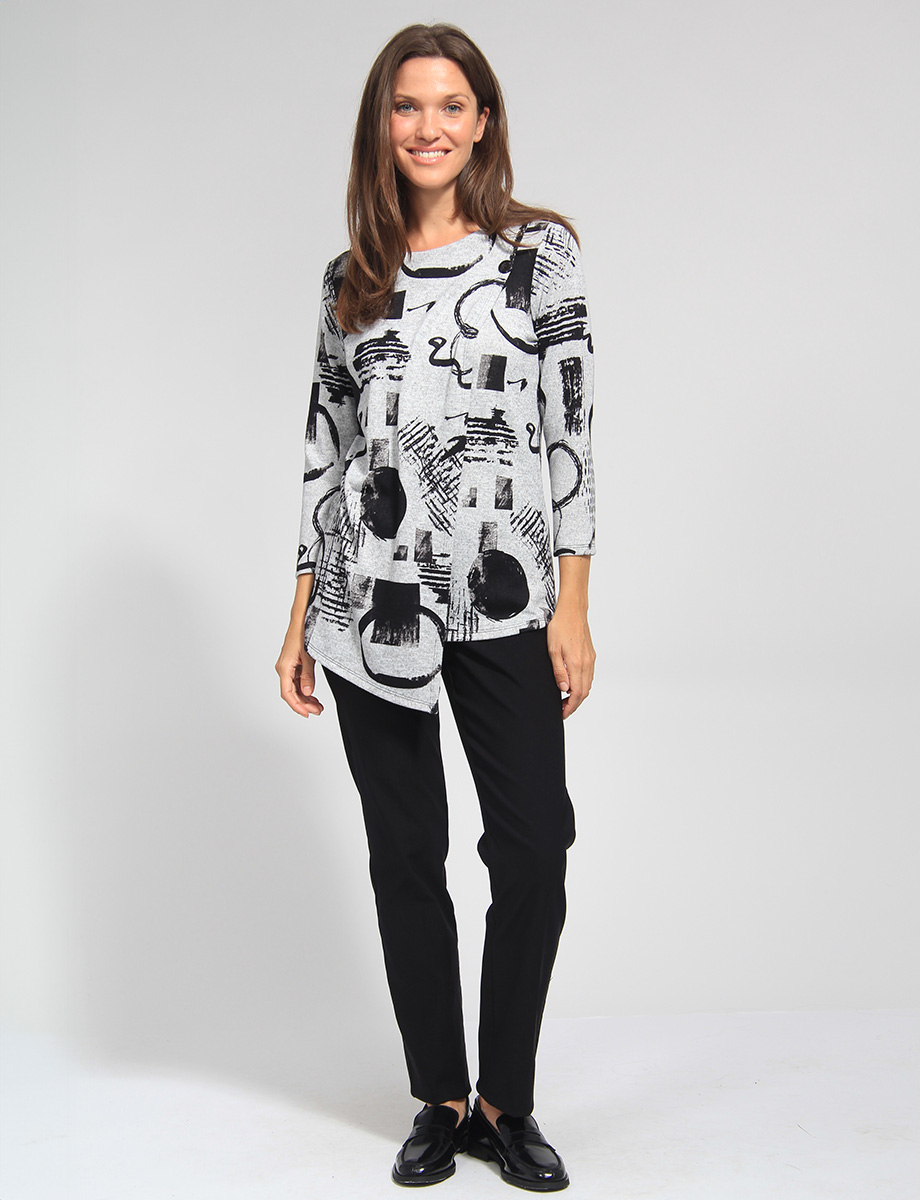 Three-quarter Sleeve Contemporary Asymmetrical Abstract Printed Top by Vamp