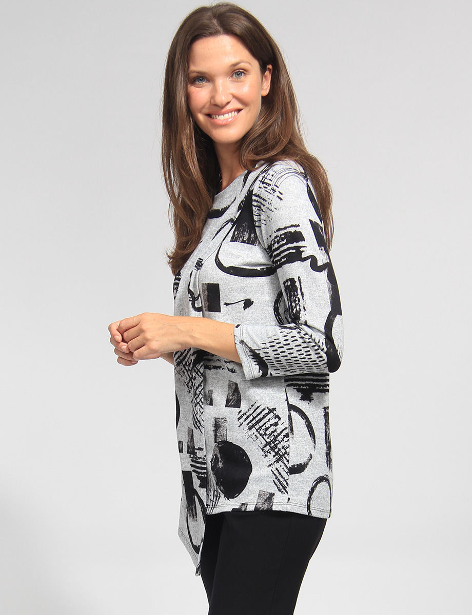 Three-quarter Sleeve Contemporary Asymmetrical Abstract Printed Top by Vamp