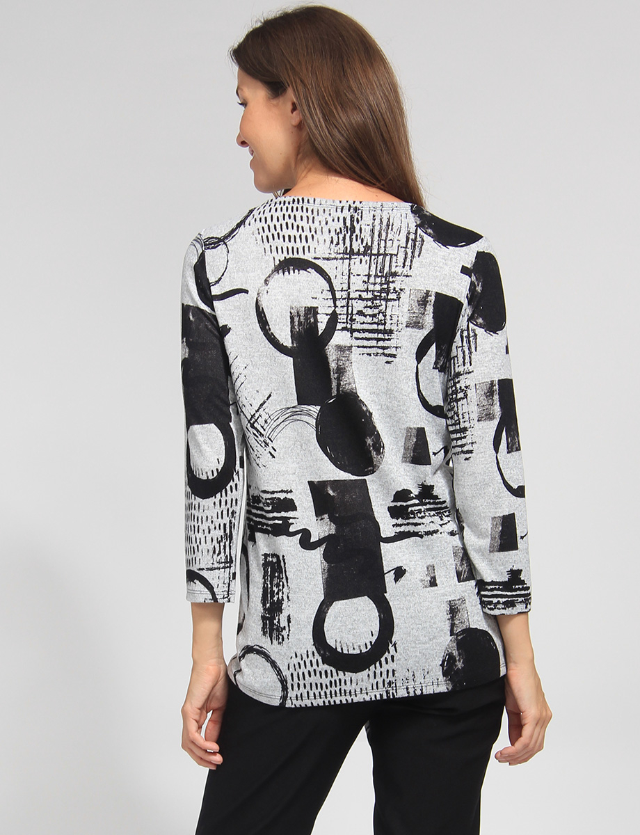 Three-quarter Sleeve Contemporary Asymmetrical Abstract Printed Top by Vamp