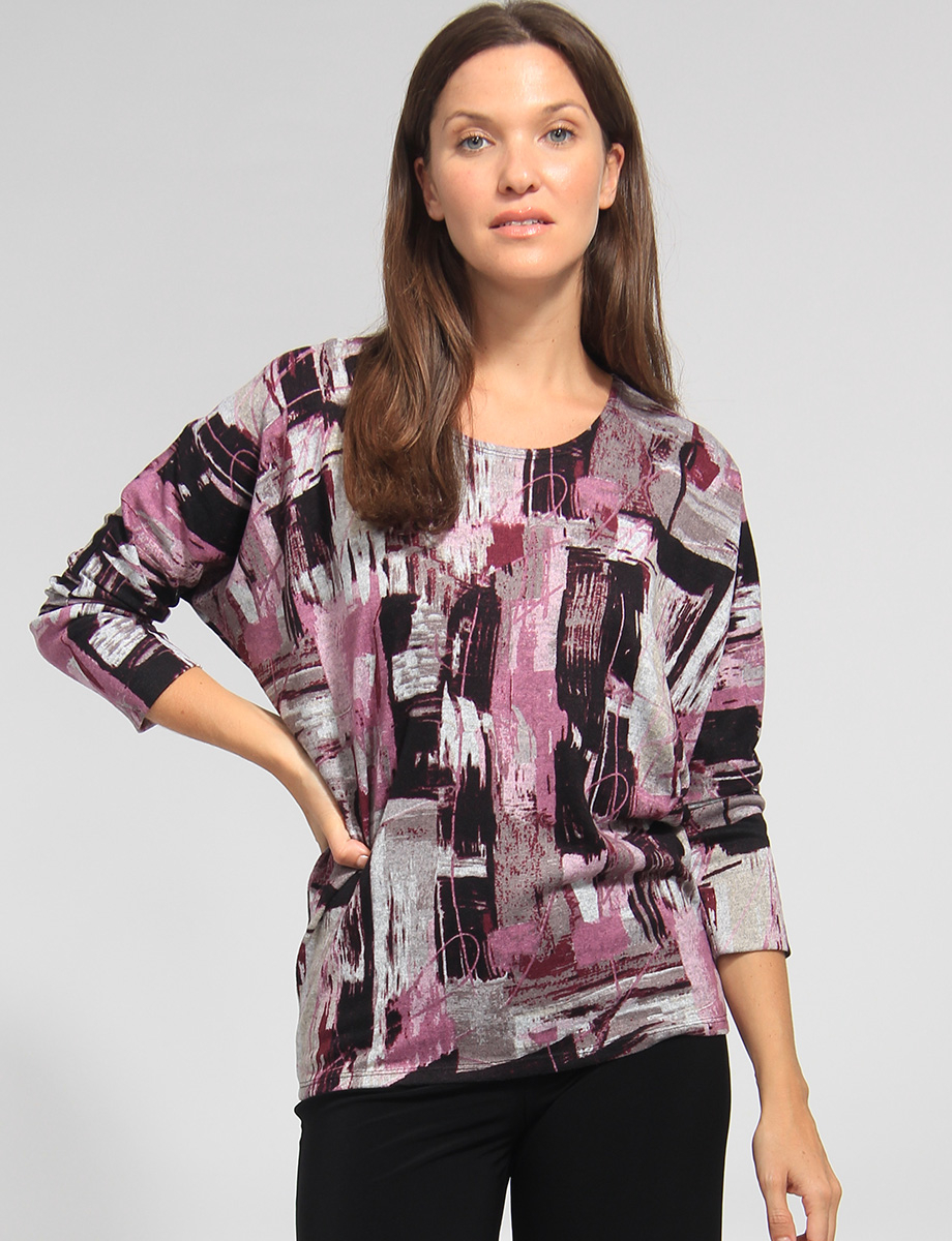 Dolman Sleeve Round Neckline Printed Knit Top High Low Hem by Vamp