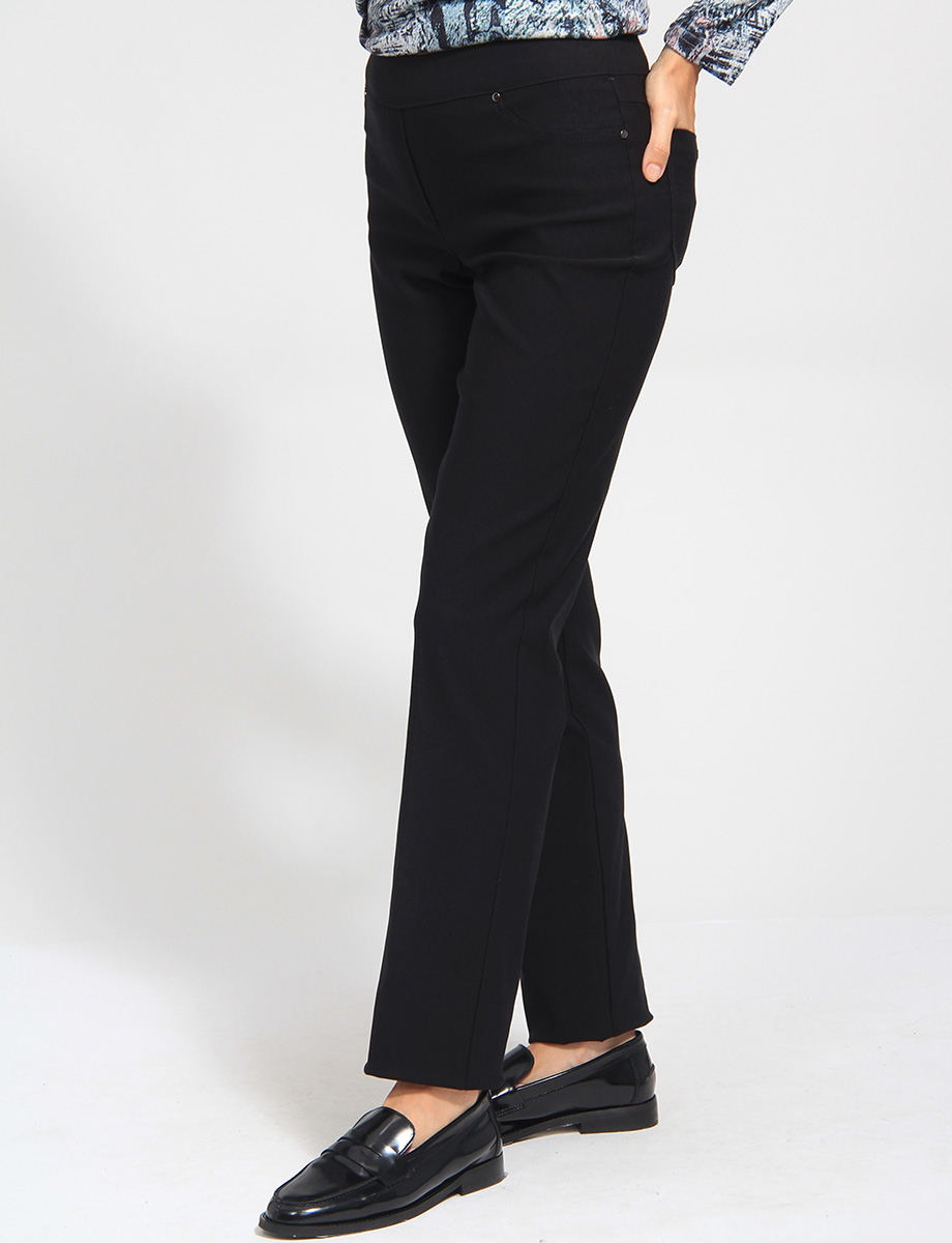 Black 4-Pocket Sleek Stretch Twill High-Rise Pull-On Pants by Amani Couture