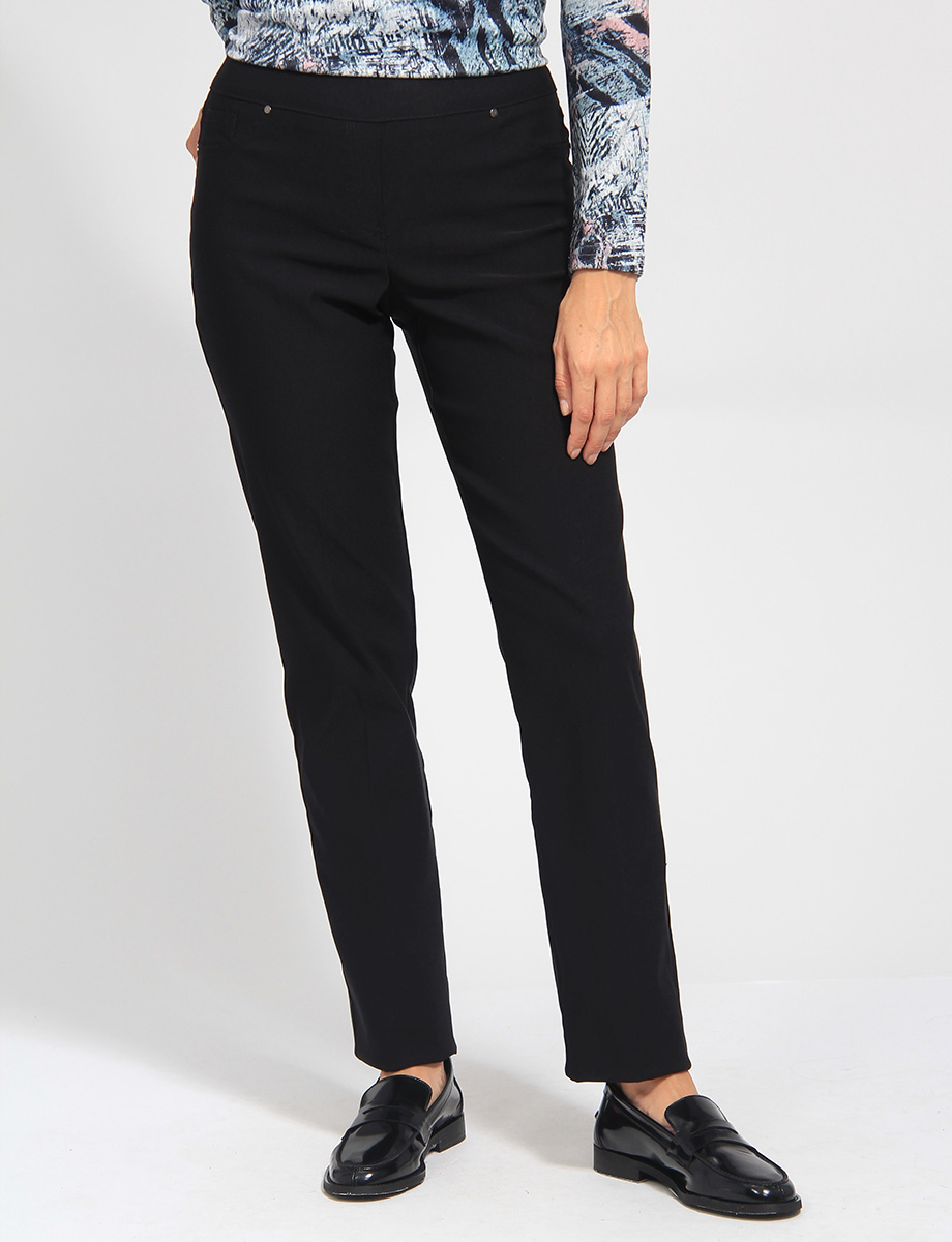 Black 4-Pocket Sleek Stretch Twill High-Rise Pull-On Pants by Amani Couture